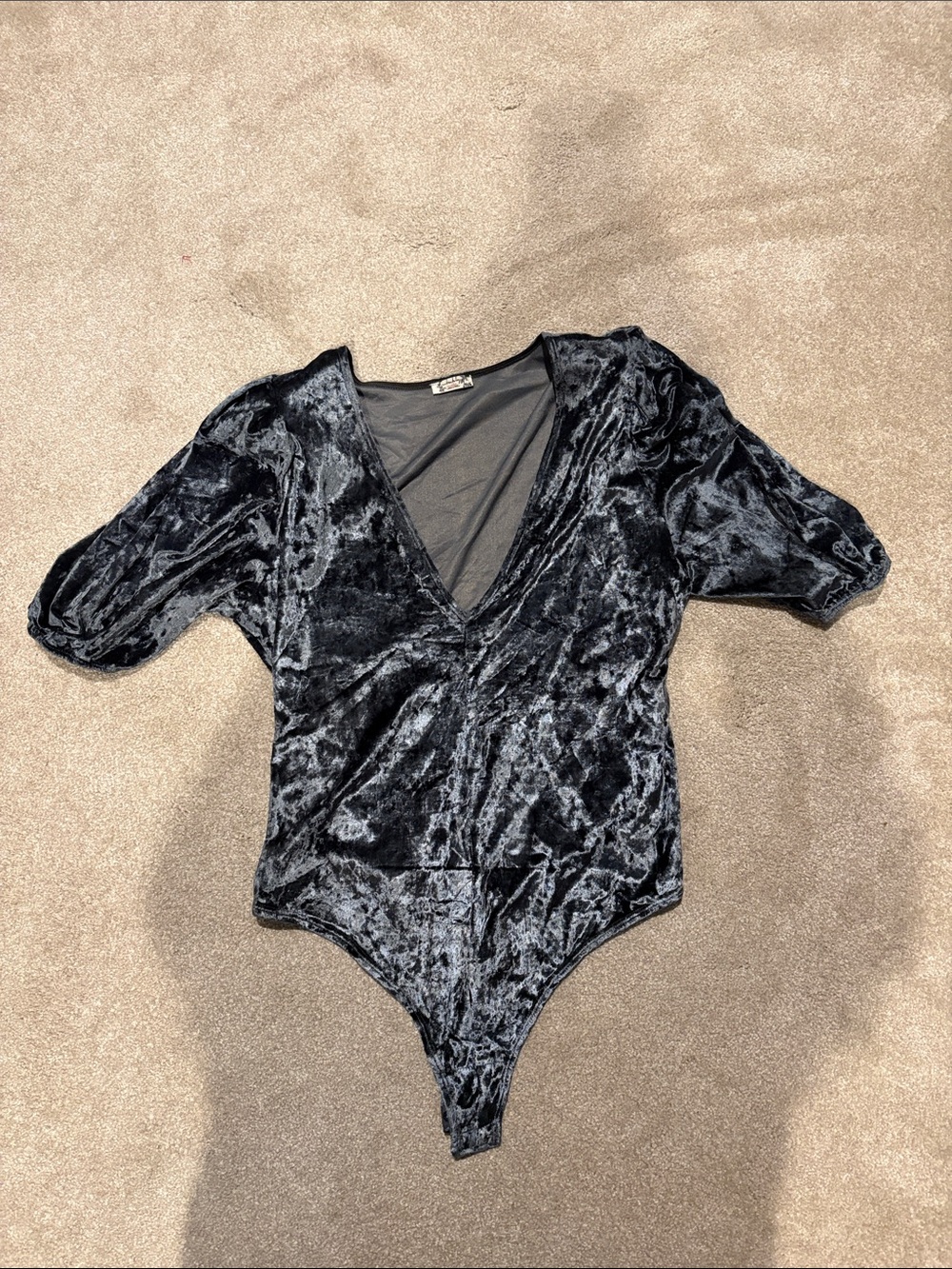 Velvet V-Neck Bodysuit in Dark Blue